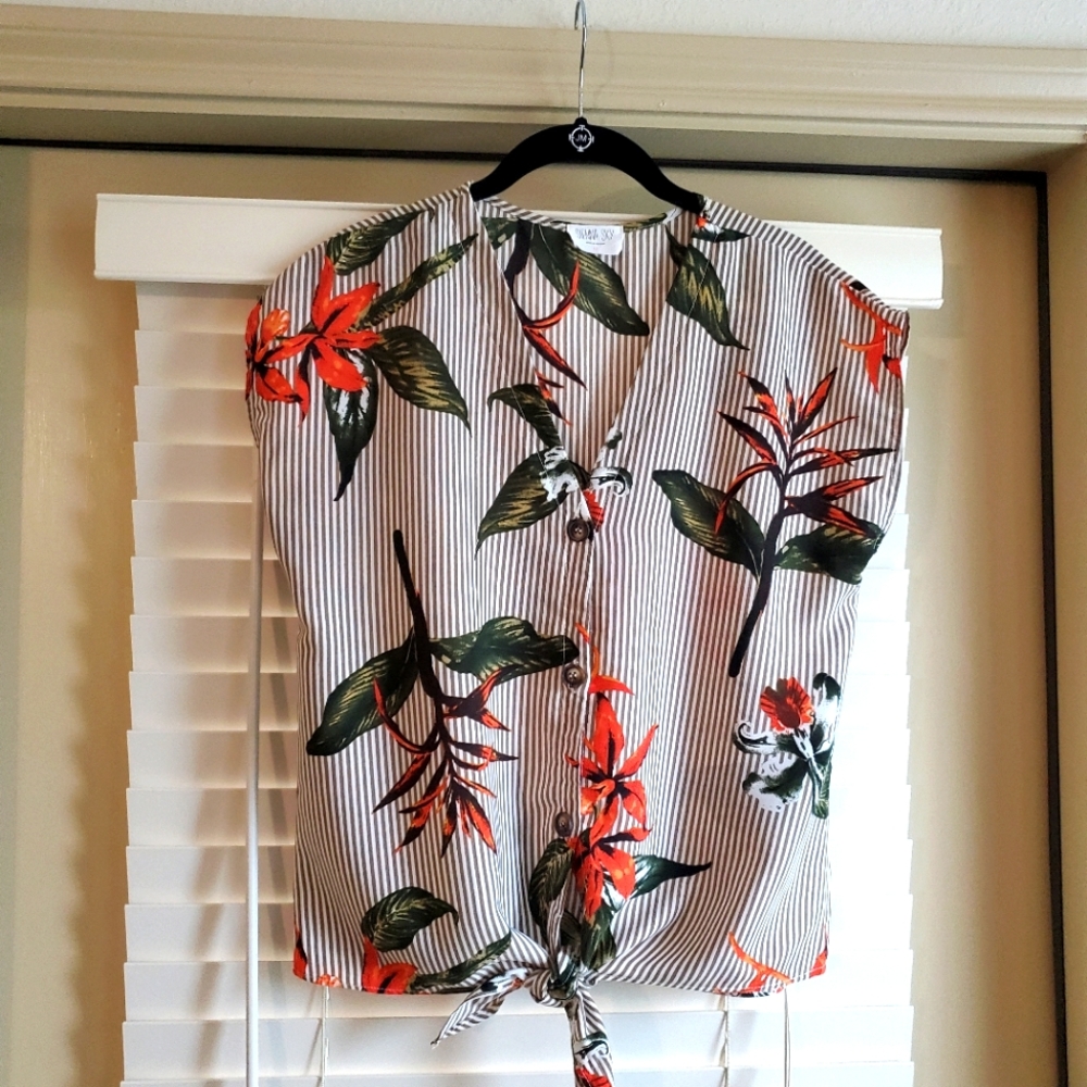 Tropical Button Down Tie Front Top